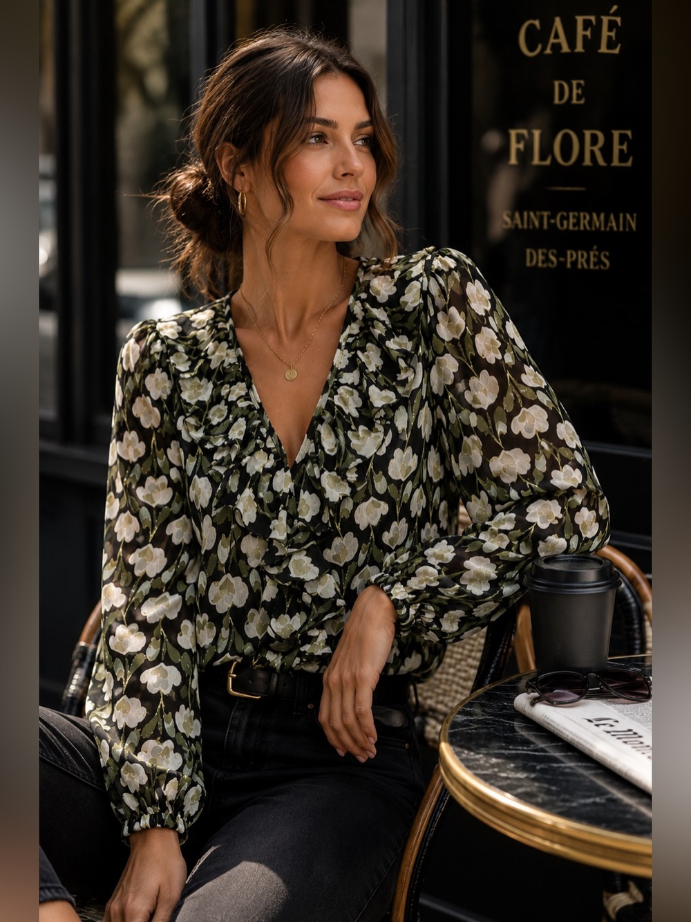 Traffic People Black Green Floral Ruffle Sheer Boho Blouse Long Sleeve Small